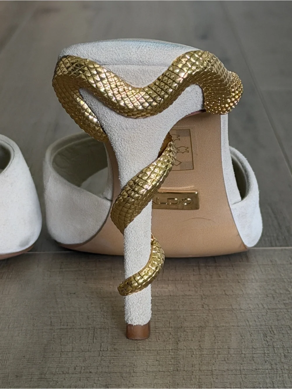 ALDO Cream Slide Mule with Gold Snake-Detail Stiletto